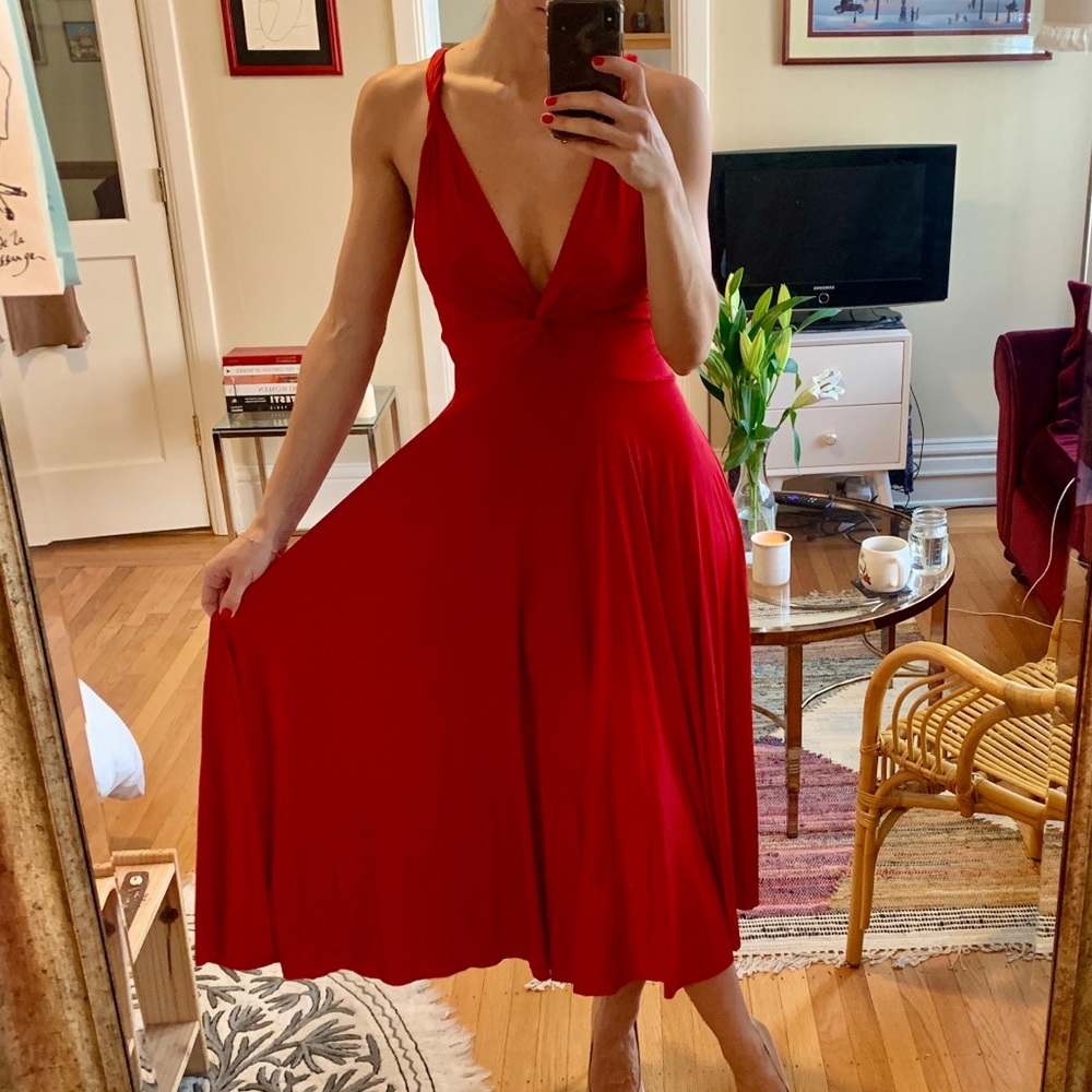 Midi Red Dress, Deep V